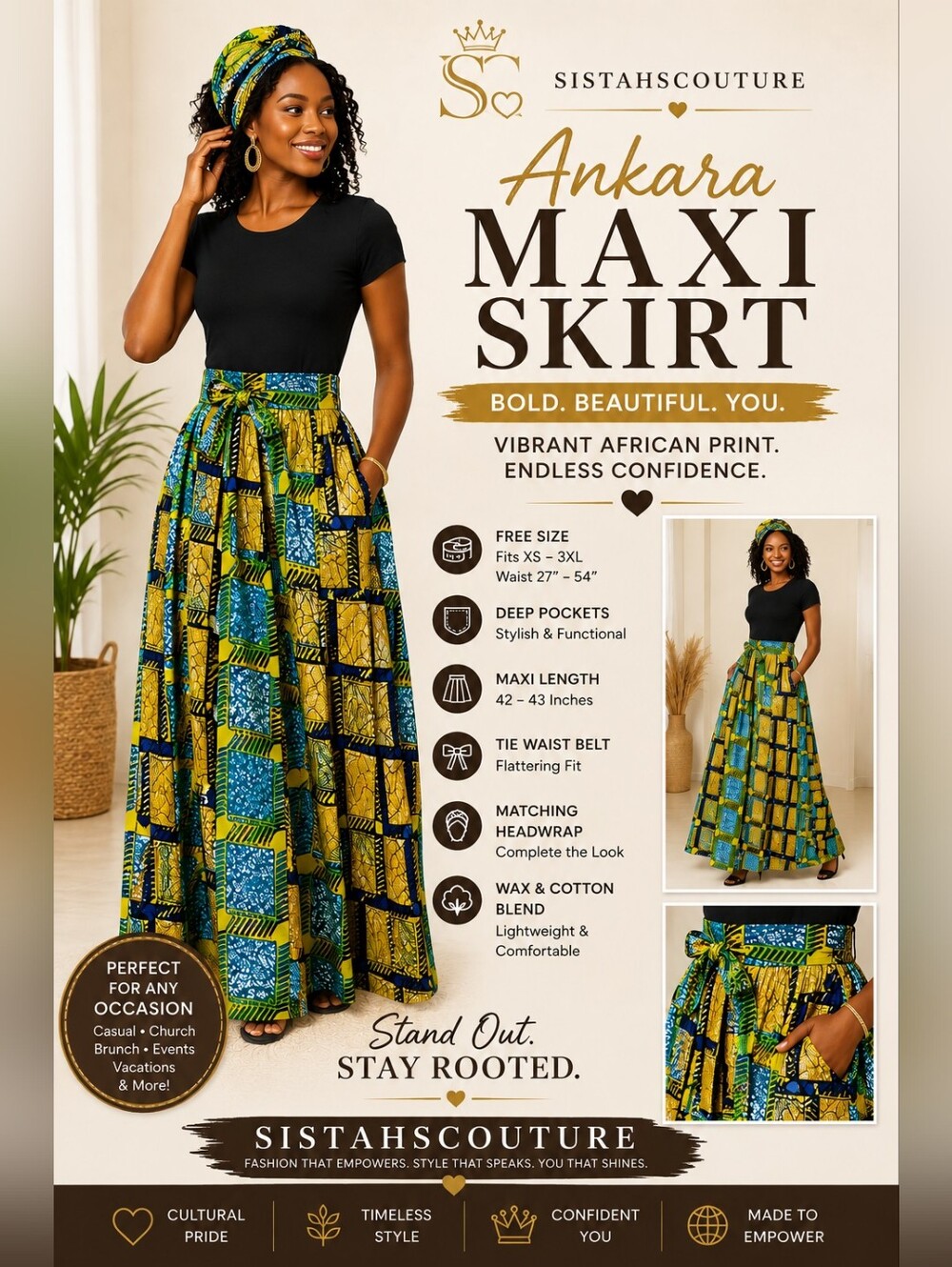 Ankara African Print Maxi Skirt | Free Size | Pockets & Matching Headwrap